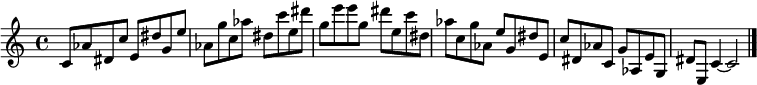 
{

\modalTranspose c c' { c dis e g aes } { c8 aes } 
\modalTranspose c dis' { c dis e g aes } { c aes } 
\modalTranspose c e' { c dis e g aes } { c aes } 
\modalTranspose c g' { c dis e g aes } { c aes } 
\modalTranspose c aes' { c dis e g aes } { c aes } 
\modalTranspose c c'' { c dis e g aes } { c aes } 
\modalTranspose c dis'' { c dis e g aes } { c aes } 
\modalTranspose c e'' { c dis e g aes } { c aes } 
\modalTranspose c g'' { c dis e g aes } { c aes } 

\modalInversion c e''' { c dis e g aes } { c aes } 
\modalInversion c dis''' { c dis e g aes } { c aes } 
\modalInversion c c''' { c dis e g aes } { c aes } 
\modalInversion c aes'' { c dis e g aes } { c aes } 
\modalInversion c g'' { c dis e g aes } { c aes } 
\modalInversion c e'' { c dis e g aes } { c aes } 
\modalInversion c dis'' { c dis e g aes } { c aes } 
\modalInversion c c'' { c dis e g aes } { c aes } 
\modalInversion c aes' { c dis e g aes } { c aes } 
\modalInversion c g' { c dis e g aes } { c aes } 
\modalInversion c e' { c dis e g aes } { c aes } 
\modalInversion c dis' { c dis e g aes } { c aes } 

c'4~ c'2

\bar "|."
}
