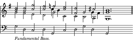 { \override Score.TimeSignature #'stencil = ##f \time 3/2 \key g \major << \relative d'' { << { <d b>2 <d a> <g c,> <fis c> f <e c> | <d fis,> g, cis <b g>1. \bar "||" } \\ { g2 fis e d g c, c b a g1. } \\ { } \\ { s1. s2 c'4 b s2 s1 g4 fis } >> }
\new Staff { \clef bass \override Staff.BarLine #'stencil = ##f \relative g { g2_\markup { \smaller \italic "Fundamental Bass." } d c d g, c d g d g, s1 } } >> }