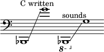 
    {
      \new Staff \with { \remove "Time_signature_engraver" }
      \clef bass \key c \major \cadenzaOn
      bes,,1 ^ \markup "C written" \glissando g'1
      \ottava #-1 bes,,,1 ^ \markup "sounds" \glissando \ottava #0 g1
    }
  