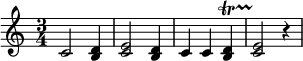 \relative c' {\time 3/4 c2 <h d>4 <c e>2 <h d>4 c4 c <h d>^\startTrillSpan <c e>2\stopTrillSpan r4}