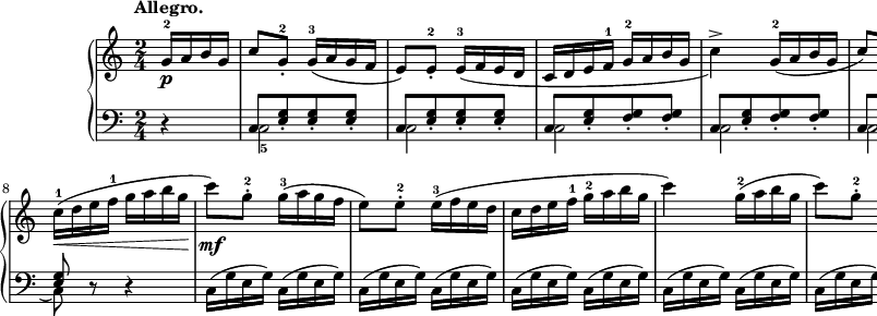 
sVarB = { r4 | << { \voiceOne c8[<e g>_. <e g>_. <e g>_.] | c8[<e g>_. <e g>_. <e g>_.] | c8[<e g>_. <f g>_. <f g>_.] | c8[<e g>_. <f g>_. <f g>_.] | c8[<e g>_. <e g>_. <e g>_.] | c8[<e g>_. <e g>_. <e g>_.] | c8[<e g> <f g> <f g>] | <e g>8 } \new Voice { \voiceTwo c2_5 | c2 | c2 | c2 | c2 | c2 | c2( | c8) } >> \oneVoice r8 r4 | c16([g' e g]) c,([g' e g]) | c,([g' e g]) c,([g' e g]) | c,([g' e g]) c,([g' e g]) | c,([g' e g]) c,([g' e g]) | c,([g' e g]) c,([g' e g]) | c,([g' e g]) c,([g' e g]) | c,([g' e g]) c,([g' f g]) | <c, e g>4 }

sVarA = { \partial 4 g16-2\p[a b g] | c8)[g-.-2] \slurDown g16-3([a g f] | e8)[e-.-2] e16-3([f e d] | c[d e f-1] g-2[a b g] | c4->) g16-2([a b g] | 
c8)[g-.-2] g16-3([a g f] | e8)[e-.-2] e16-3([f e d] | c[d e f-1] g[a b g]) | \slurNeutral c-1( \< [d e f-1] g[a b g]\! | c8)\mf[g-.-2] g16-3([a g f] | e8)[e-.-2] e16-3([f e d] | 
c[d e f-1] g-2[a b g] | c4) g16-2([a b g] | c8)[g-.-2] g16-3([a g f] | e8)[e-.-2] e16-3([f e d] | c[d e f-1] g-2[a b g] | c4) \bar "||" }

\paper { #(set-paper-size "a2") oddHeaderMarkup = \evenHeaderMarkup }
\header { tagline = ##f }
\version "2.18.2"
\score {
\midi {  }
\layout { line-width = #300
\context { \PianoStaff \consists #Span_stem_engraver } indent = 2\cm}
\new PianoStaff <<
  \new Staff { \clef 
"violin" \key c \major \time 2/4 \tempo \markup { \bold "Allegro." } \relative f' { \sVarA } }
  \new Staff { \clef "bass" \key c \major \time 2/4 \relative c { \sVarB } }
>> }