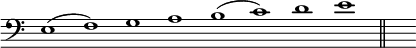 { \override Score.TimeSignature #'stencil = ##f \key a \aeolian \clef bass \relative e { \cadenzaOn e1( f) g a b( c) d e \bar "||" s } }