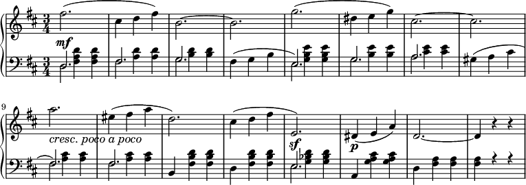 
 \relative c' { \new PianoStaff << \new Staff { \key b \moll \time 3/4 \set Score.tempoHideNote = ##t \tempo "" 2. = 64 fis'2.( cis4 d fis) b,2.~ b g'( dis4 zB) cis,2.~ cis \set crescendoText = \markup { \italic { cresc.  poco a poco} } \set crescendoSpanner = #'text \override DynamicTextSpanner.style = #'none a'\< eis4( fis ad,2.) cis4( d fis e,2.)\sf dis4\p( ea) d,2.~ d4 rr } \new Dynamics { s\mf } \new Staff { \key b \moll \time 3/4 \clef bass << {\stemDown s4 <fis, ad> <fis ad> s4 < Anzeige> <Anzeige> s4 <bd> <bd> s2.  s4 <gb e> <gb e> s4 <b e> <b e> s <cis e> <cis e> s2.  s4 <a cis> <a cis> s <a cis> <a cis> \once \stemUp b, <fis' bd> <fis bd> d <fis bd> <fis bd> s4 <g bes d> <g bes d> \once \stemUp a, <g' a cis> <ga cis> d <fis a> <fis a> <fis a> rr} \\ {\slurUp d2.  fis g fis4( gbe,2.) ga gis4( a cis fis,2.) fis s2.  s e2.} \\ {d2.  fis g s2.  zB s2.  fis fis s2.  s e2.}>> } >> }
