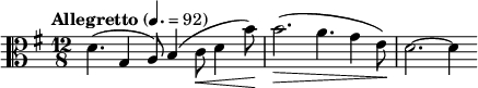 
\relative c' {
\key g \major \clef alto
\time 12/8
\tempo "Allegretto" 4. = 92
\tempo 4 = 116
\set Staff.midiInstrument = "string ensemble 1"
d4. ( g,4 a8 ) b4 ( c8\< d4 b'8\! )
b2.\> ( a4. g4 e8\! )
d2.~ d4
}
