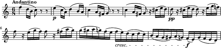 \relative c'' {      \version "2.18.2"      \clef "treble"       \tempo "Andantino"       \key c \major      \time 6/8   f4 (d16 b c8) r8 r8   e4  \p (c16 a) d4 (b16 a)   c4 (a16 fis g8) r8 r8   c4 (a16 fis g8) r16 cis16 (e d)   d8 \pp r16 cis16 (e d d8) r16 e16 (g f!)   f8 r16 e16 (g f) f8 r16 fis16 (a g)   g (gis a g) f (e f\cresc e) d (c d c)   b (a g gis) a (g) f\f (e) g (f e d)                    }