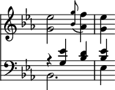 { \override Score.TimeSignature #'stencil = ##f \time 3/4 \key ees \major << \relative e'' { <ees g,>2 \appoggiatura <g bes,>8 <f aes,>4 | <ees g,> }
\new Staff { \clef bass \key ees \major << \relative e' { r4 <ees g,> <d bes> | <ees bes> } \\ \relative b, { bes2. | ees4 } >> } >> }