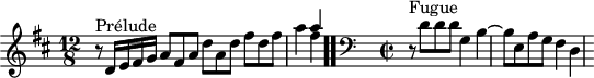 
\version "2.18.2"
\header {
  tagline = ##f
}

\score {
  \new Staff \with {
%fontSize = #-2
  }
<<
  \relative c' {
    \key d \major
    \time 12/8
    \set Staff.midiInstrument = #"harpsichord" 

     %% INCIPIT CBT II-5, BWV 874, ré majeur
     r8^\markup{Prélude} d16 e fis g a8 fis a d a d fis d fis | a4 << { a4 } \\ { fis4 } >> | \once \override Staff.TimeSignature #'stencil = ##f \time 4/8  \bar ".."

     \skip 16*1
     \override Staff.Clef.extra-offset = #'( -1 . 0 )
     \clef bass
     \time 2/2 
     r8^\markup{Fugue} d,8 d d g,4 b~ b8 e, a g fis4 d

  }
>>
  \layout {
     \context { \Score \remove "Metronome_mark_engraver" 
     \override SpacingSpanner.common-shortest-duration = #(ly:make-moment 1/2) 
       }
   }
  \midi {}
}
