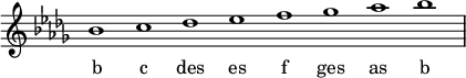  
\new Staff \with {\remove Time_signature_engraver} 
\relative bes' {\key bes \minor \time 8/1 bes1 c1 des1 es1 f1 ges1 as1 bes1 }
\addlyrics { b c des es f ges as b }
