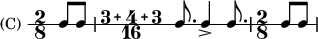 
 { \new RhythmicStaff \with {instrumentName ="(C) "} \time 2/8 [c8 c8] | \compoundMeter #'(3 4 3 16) c8. c4-> c8. | \time 2/8 [c8 c8] | }
