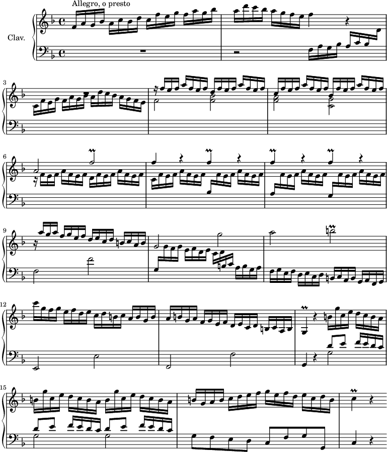 
\version "2.18.2"
\header {
 tagline = ##f
 % composer = "Domenico Scarlatti"
 % opus = "K. 445"
 % meter = "Allegro, o presto"
}

%% les petites notes
trillFbUp = { \tag #'print { f'2\prall } \tag #'midi { g32 f g f~ f8~ f4 } }
trillF = { \tag #'print { f4\prall } \tag #'midi { g32 f g f~ f8 } }
trillBb = { \tag #'print { b2\prall } \tag #'midi { c32 b c b~ b8~ b4 } }
trillG = { \tag #'print { g4\prall } \tag #'midi { a32 g a g~ g8 } }
trillC = { \tag #'print { c4\prall } \tag #'midi { d32 c d c~ c8 } }

upper = \relative c'' {
 \clef treble 
 \key f \major
 \time 4/4
 \tempo 4 = 126
 \set Staff.midiInstrument = #"harpsichord"
 \override TupletBracket.bracket-visibility = ##f

 s8*0^\markup{Allegro, o presto}
 f,16 a g bes a c bes \stemDown \change Staff = "upper" d | c16 f e g f a g bes a d c bes a g f e | f4 r4 
 % ms. 3
 R1 | \stemUp r16 f16 e f a f e f d f e f a f e f |
 % ms. 5
 c16 f e f a f e f bes, f' e f a f e f | a,2 \trillFbUp | f4 r4 \repeat unfold 3 { \trillF r4 } |
 % ms. 9
 r16 a16 g a f g e f d e c d b c a b | \stemNeutral g2 g' |
 % ms. 11
 a2 \trillBb | c16 g f g e f d e c d b c a b g b | a b g a f g e f d e c d b c a b |
 % ms. 14
 \trillG r4 \repeat unfold 3 { b'16 g' c, e d c b a } | b g a b c d e f g e f d e c d b |
 % ms. 17
 \trillC r4 

}

lower = \relative c' {
 \clef bass
 \key f \major
 \time 4/4
 \set Staff.midiInstrument = #"harpsichord"
 \override TupletBracket.bracket-visibility = ##f

 % ************************************** \appoggiatura a16 \repeat unfold 2 { } \times 2/3 { } \omit TupletNumber 
 R1 | r2 | f,16 a g bes a c bes \stemDown \change Staff = "upper" d | 
 % ms. 3
 c16 f e g f a g bes a d c bes a g f e | f2 < f bes >
 % ms. 5
 < f a >2 < c g' > | r16 f16 e f a f e f d f e f a f e f | c f e f a f e f \stemUp \change Staff = "lower" bes, \stemDown \change Staff = "upper" f' e f a f e f | \stemUp \change Staff = "lower" 
 % ms. 8
 a,16 \stemDown \change Staff = "upper" f' e f a f e f \stemUp \change Staff = "lower" g, \stemDown \change Staff = "upper" f' e f a f e f | \stemNeutral \change Staff = "lower" f,2 f' | g,16 \stemDown \change Staff = "upper" g' f g e f d e c d \stemUp \change Staff = "lower" b c \stemNeutral a b g a |
 % ms. 11
 f16 g e f d e c d b c a b g a f g | e2 e' | f, f' |
 % ms. 14
 g,4 r4 \repeat unfold 3 { << { d''8 e f16 e d c } \\ { g2 } >> } | g8 f e d c f g g, |
 % ms. 17
 c4 r4

}

thePianoStaff = \new PianoStaff <<
 \set PianoStaff.instrumentName = #"Clav."
 \new Staff = "upper" \upper
 \new Staff = "lower" \lower
 >>

\score {
 \keepWithTag #'print \thePianoStaff
 \layout {
 #(layout-set-staff-size 17)
 \context {
 \Score
 \override SpacingSpanner.common-shortest-duration = #(ly:make-moment 1/2)
 \remove "Metronome_mark_engraver"
 }
 }
}

\score {
 \keepWithTag #'midi \thePianoStaff
 \midi { }
}
