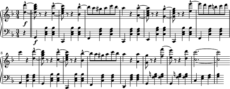 
 \relative c' {
  \new PianoStaff <<
   \new Staff { \key d \minor \time 3/4 \set Score.tempoHideNote = ##t \tempo 2.=52
    \tempo \markup {
     \column {
 }
   }
      \partial 4 <d' d'-^>~ \bar "||" <d g bes d>8 r r4 <c c'-^>~ <c e g c>8 r r4 <bes bes'-^>~ bes'8[ a gis a c bes] a4 r <a a,-^>~ <a a, c e>8 r r4 <g g,-^>~ <g g, c e>8 r r4 <e e'-^>~ e'8[ d c b c d] c4 r <d, d'-^>~ <d g bes d>8 r r4 <c c'-^>~ <c e g c>8 r r4 <bes bes'-^>~ bes'8[ a gis a c bes] a4 r <a a,> <g g,>8 r r4 <f f'>4( <e e'>8) r r4 <d d'> <c c'>2.~ <c c'>2
   }
   \new Dynamics {
    s\f
      }
   \new Staff { \key d \minor \time 3/4 \clef bass
      r4 g,,\f <c e bes'> <c e bes'> c, <c' e bes'> <c e bes'> f, <c' f a> <c f a> c, <c' f a> <c f a> e, <c' g' bes> <c g' bes> c, <c' e bes'> <c e bes'> f, <c' f a> <c f a> a <c f a> <c f a> g <c e bes'> <c e bes'> c, <c' e bes'> <c e bes'> f, <c' f a> <c f a> d, <d' f a> <d f a> g, <f' g b> <f g b> g, <f' g b> <f g b> c <e g> <f a> <g bes>
   }
  >>
 }
