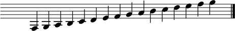 
\score {
 \relative c {
 \clef G  
 \override Staff.TimeSignature #'transparent = ##t
 \override Staff.Clef.color = #white
 \override Staff.Clef.layer = #-1
 \cadenzaOn f4 g a b c d e f g a b c d e f g s \bar "|." \cadenzaOff
 } %relative
 \layout {
    \context { \Staff \RemoveEmptyStaves }
    indent = 0\cm
    \override Score.BarNumber #'stencil = ##f
    line-width = #120
    \set fontSize = #2
 } %layout
} %score
\header { tagline = ##f}
