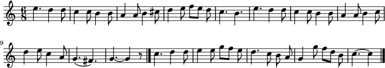 
\relative c'' {
  \time 6/8
  \autoBeamOff
  e4. d4 d8
  c4 c8 b4 b8
  a4 a8b4 cis8
  d4 e8 f[ e] d
  c4. b
  e d4 d8
  c4 c8 b4 b8
  a4 a8 b4 c8

  d4 e8 c4 a8
  g4.( fis)
  g4.~ g4 r8 \bar "|."
  c4. d4 d8
  e4 e8 g[ f] e
  d4. c8 b a
  g4 g'8 f[ d] b
  c4.~ c4
  \bar "|."
}
