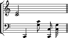 \new ChoirStaff << \override Score.TimeSignature #'stencil = ##f
  \new Staff \relative c' { \time 3/4 <c e>2 s4 \bar "||" }
  \new Staff \relative c, { \clef bass \autoBeamOff s4 c <g'' c>8 <c, c,>16 <c g'>32 s } >>