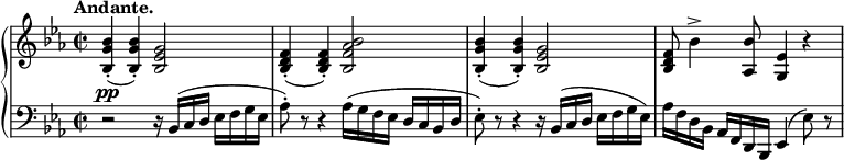 
 \relative c' {
 \new PianoStaff <<
 \new Staff { \key es \major \time 2/2 \tempo "Andante."
 \override Score.NonMusicalPaperColumn #'line-break-permission = ##f
 <bes' g bes,>4-.( <bes g bes,>-.) <g es bes>2 <f d bes>4-.( <f d bes>-.) <bes aes f bes,>2
 <bes g bes,>4-.( <bes g bes,>-.) <g es bes>2 <f d bes>8 bes4-> <bes aes,>8 <es, g,>4 r
 }
 \new Dynamics {
 s4\pp
 }
 \new Staff { \key es \major \time 2/2 \clef bass
 r2 r16 bes,( c d es[ f g es] aes8-.) r r4 aes16( g f es d[ c bes d]
 es8-.) r r4 r16 bes( c d es[ f g es]) aes f d bes aes[ f d bes] es4( es'8) r
 }
 >>
 }
