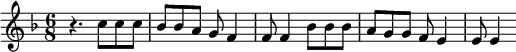 
\relative c'' { \numericTimeSignature \key f \major \time 6/8 r4.  c8 c8 c8 bes8 bes8 a8 g8 f4 f8 f4 bes8 bes8 bes8 a8 g8 g8 f8 e4 e8 e4 \relative c'' { }}
