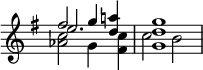 { \override Score.TimeSignature #'stencil = ##f \time 4/4 \key g \major \relative f'' << { fis2 g4 <a! d,> | <g d g,>1 } \\ { <c, aes>2 g4 <c fis,> c2 b } \\ { e2. } >> }