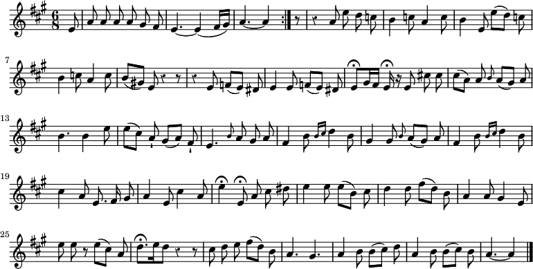 
\relative c' {
  \override Rest #'style = #'classical
  \key a \major
  \time 6/8
  \partial 8
  \autoBeamOff
  \repeat volta 2 {
    e8
    a a a a gis fis
    e4.~ e4( fis16[ gis]) %manque une noire à cette mesure, j'ajoute dans la la noire pointée
    a4.~ a4
  } r8
  r4 a8 e' d c
  b4 c8 a4 c8

  b4 e,8 e'[( d]) c
  b4 c8 a4 c8
  b[( gis!]) e r4 r8
  r4 e8 f[( e]) dis
  e4 e8 f[( e]) dis
  e[\fermata gis16 fis] e\fermata r e8 cis'! cis

  cis[( a]) a \grace b a[( gis]) a
  b4. b4 e8
  e[( cis]) a-! gis[( a]) fis-!
  e4. \grace b'8 a gis a
  fis4 b8 \grace { b16[ cis] } d4 b8
  gis4 gis8 \grace b a[( gis]) a
  fis4 b8 \grace { b16[ cis] } d4 b8

  cis4 a8 e8. fis16 gis8
  a4 e8 cis'4 a8
  e'4\fermata e,8\fermata a cis dis
  e4 e8 e[( b]) cis
  d4 d8 fis[( d]) b
  a4 a8
  gis4 e8
  e' e r e[( cis]) a

  d8.[\fermata e16 d8] r4 r8
  cis d e fis[( d]) b
  a4. gis
  a4 b8 b[( cis]) d
  a4 b8 b[( cis]) b
  a4.~ a4

  \bar "|."
}
