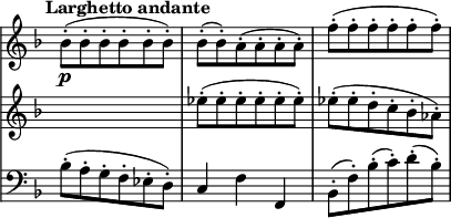 {
  \language "italiano"
  \new StaffGroup <<
    \omit StaffGroup.SystemStartBracket
    \new Staff {
      \omit Staff.TimeSignature
      \set Staff.midiInstrument = #"violin"
      \set Score.tempoHideNote = ##t
      \tempo "Larghetto andante" 4 = 66
      \relative do'' {
        \clef "treble" \key fa \major \time 3/4
        sib8-. \p ( sib-. sib-. sib-. sib-. sib-. ) |
        sib-. _[( sib-. ) la-. ( la-. la-. la-. )] |
        fa'-. ( fa-. fa-. fa-. fa-. fa-. ) |
      }
    }
    \new Staff {
      \omit Staff.TimeSignature
      \set Staff.midiInstrument = #"violin"
      \relative do'' {
        \clef "treble" \key fa \major \time 3/4
        s2. |
        mib8-. ( mib-. mib-. mib-. mib-. mib-. ) |
        mib-. ( mib-. re-. do-. sib-. lab-. ) |
      }
    }
    \new Staff {
      \omit Staff.TimeSignature
      \set Staff.midiInstrument = #"cello"
      \relative la {
        \clef "bass" \key fa \major \time 3/4
        sib8-. ( la-. sol-. fa-. mib-. re-. ) |
        do4 fa fa, |
        sib8-. ( fa'-. ) sib-. ( do-. ) re-. ( sib-. ) |
      }
    }
  >>
}
