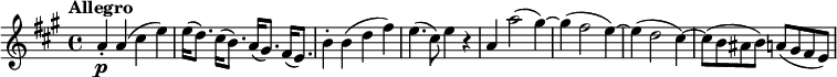 
\relative c'' {
 \version "2.18.2"
 \tempo "Allegro"
 \key a \major
 \time 4/4
 \tempo 4 = 140
 a4-. \p a (cis e)
 e16 (d8.) cis16 (b8.)a16 (gis8.) fis16 (e8.) 
 b'4-. b (d fis)
 e4. (cis8) e4 r
 a, a'2 (gis4) ~ gis (fis2 e4) ~ e (d2 cis4) ~cis8 
 (b ais b) a (gis fis e)
}
