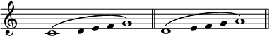  %p80s5 Quinte
\relative c'{
\override Staff.TimeSignature #'transparent = ##t
\override Score.NonMusicalPaperColumn #'padding = #1
\time 11/4
c1^\( 
\override Stem #'stencil = ##f
\override Stem #'length = #0 
d4 e f 
\override Stem #'stencil = ##t 
\override Stem #'length = #3.5
g1\) \bar "||"  
d1^\(
\override Stem #'stencil = ##f
\override Stem #'length = #0  
e4 f g 
\override Stem #'stencil = ##t 
\override Stem #'length = #3.5
a1\) \bar "||"
}
