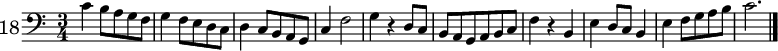 \new Staff \with {
  instrumentName = \markup \huge {"18"}
} \relative c' {
  \clef bass
  \time 3/4
  c4 b8 a g f | g4 f8 e d c | d4 c8 b a g | c4 f2  | g4 r d8 c | b a g a b c | f4 r b, | e4 d8 c b4 | e f8 g a b | c2.
  \bar "|."
}