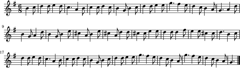 
\relative c'' {
  \key g \major
  \time 6/8
  \partial 4.
  b c8
  d4 d8 e4 d8
  c4. a4 b8
  c4 c8 d4 c8
  b4 g8 b4 c8
  d4 d8 e4 e8

  g4. fis4 e8
  d4 c8 b4 a8
  g4. a4 d8
  b4 g8 a4 d8
  b4 g8 b4 e8
  cis4 a8 b4 e8
  cis4 a8 d4 d8

  cis4 cis8 e4 e8
  d4 d8 d4 fis8
  e4 e8 cis4 cis8
  d4. b4 c8
  d4 d8 e4 d8
  c4. a4 b8
  c4 c8 d4 c8

  b4 g8 b4 c8
  d4 d8 e4 e8
  g4. fis4 e8
  d4 c8 b4 a8
  g'4. fis4 e8
  d4 c8 b4 a8
  g4.
  \bar "|."
}
