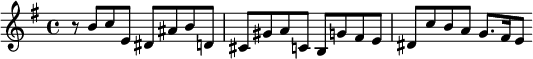 { \relative b' { \key e \minor \time 4/4
 r8 b c e, dis ais' b d, | cis gis' a c, b g' fis e |
 dis c' b a g8.[ fis16 e8] } }