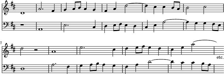 { \override Score.TimeSignature #'stencil = ##f \time 4/4 \key d \major << \relative d' { d1 a'2. fis4 g a8 b a4 g fis a d2 ~ | d4 cis cis b8 a b2 cis d r a1 e'2. cis4 d e8 fis e4 d cis e a2( | s4)_"etc." }
\new Staff { \clef bass \key d \major \relative a, { r1 a e'2. cis4 d e8 fis e4 d cis e a2 ~ a4 g g fis8 e d1 a'2. fis4 g a8 b a4 g fis a d2 ~ d4 cis cis b8 a s4 } } >> }