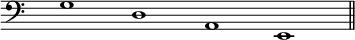 
\language "italiano"
melody = \relative do' {
  \override Staff.TimeSignature.color = #white
  \override Staff.TimeSignature.layer = #-1
  \clef bass
  \time 8/2
  sol1 re la mi \bar "||"
}
\score {
  <<
    \new Voice = "mel" { \autoBeamOff \melody }
  >>
  \layout {
    \context { \Staff 
               \RemoveEmptyStaves 
             }
    \context { \Score
               \override SpacingSpanner.base-shortest-duration = #(ly:make-moment 1/64)
    }
    indent = 0\cm
    \override Score.BarNumber #'stencil = ##f
  }
  \midi { }
}
\header { tagline = ##f}
