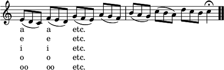 \relative e' { \override Score.TimeSignature #'stencil = ##f \time 12/8 e8( d c) f( e d) g( f e) a( g f) b( a g) c( b a) d c b) c4\fermata \bar ".." }
\addlyrics { a a etc. }
\addlyrics { e e etc. }
\addlyrics { i i etc. }
\addlyrics { o o etc. }
\addlyrics { oo oo etc. }