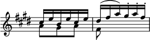 { \override Score.TimeSignature #'stencil = ##f \time 3/8 \key e \major \relative c'' << { cis16 e b e cis e | dis( fis a) gis-. a-. fis-. | } \\ { a,8 gis a | fis } >> }