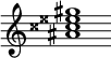 {
  % Rivin lopun pystyviiva ja tahtiosoitus piiloon.
  \override Score.BarLine.break-visibility = ##(#f #t #t)
  \override Staff.TimeSignature #'stencil = ##f
  
  <ais' cisis'' eisis'' gis''>1
}
