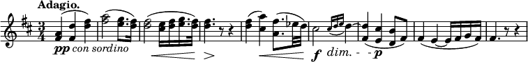 
<<
 \relative c'' \new Staff {
  \key d \major \time 3/4 \set Score.tempoHideNote = ##t \tempo "Adagio." 8=116
  \override Score.NonMusicalPaperColumn #'line-break-permission = ##f
  \override TextScript #'whiteout = ##t
  <a fis>4( <d fis,> <fis d>) <a fis>2( <g e>8. <fis d>16)
  <fis d>2( <e cis>16 <fis d> <g e>16. <fis d>32) <fis d>4. r8 r4
  <fis d>( <a cis,>) <fis a,>8.( es32 d) cis2 \acciaccatura { cis16\dim d e } d4~
  <d fis,>( <cis e,>\p <b d,>8 fis) fis4( e~ e16 fis g fis) fis4. r8 r4
 }
 \new Dynamics {
  s2.^\markup { \dynamic pp \italic { con sordino } } s s4 s2\< s4\> s4\! s4
  s4 s\< s s\f
 }
>>
