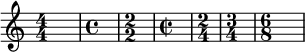  { \menimpa Skor.SpacingSpanner.ketat-note-spacing = ##t \mengatur Skor.proportionalNotationDuration = #(ly:membuat-saat 1/1) \kunci c \utama \relatif c' { \numericTimeSignature \waktu 4/4 s1 \defaultTimeSignature \waktu 4/4 s1 \numericTimeSignature \time 2/2 s1 \defaultTimeSignature \time 2/2 s1 \waktu 2/4 s2 \waktu 3/4 s2. \waktu 6/8 s2. } } 