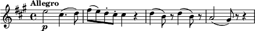 

\new Score {
  \new Staff = "clarinet" {
    \transpose c a
    \relative c'' {
      \set Staff.midiInstrument = #"clarinet"
      \clef treble
      \key c \major
      \time 4/4
      \tempo "Allegro"
      \set Score.tempoHideNote = ##t
      \tempo 4 = 120

      g2\p e4.( f8) | a8( g) f-. e-. e4 r | 
      f4( d8) r f4( d8) r | c2( b8) r r4
    }
  }
}
