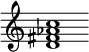 {
  % Rivin lopun pystyviiva ja tahtiosoitus piiloon.
  \override Score.BarLine.break-visibility = ##(#f #t #t)
  \override Staff.TimeSignature #'stencil = ##f
  
  <d' fis' aes' c''>1
}
