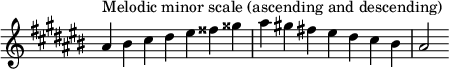 {\ override Score.TimeSignature # 'stencil = ## f \ related c' '{\ clef treble \ key ais \ minor \ time 7/4 ais4 ^ \ markup "Escala menor melódica (ascendente y descendente)" bis cis dis eis fisis gisis ais gis!  fis!  eis dis cis bis ais2}}
