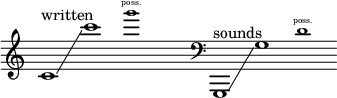 \n    {\n      \\new Staff \\with { \\remove "Time_signature_engraver" }\n      \\clef treble \\key c \\major \\cadenzaOn\n      c'1 ^ \\markup "written" \\glissando c'''1\n      \\tweak font-size #-2 g'''1 \\finger \\markup \\text "poss."\n      \\hide r1\n      \\clef bass\n      g,,1 ^ \\markup "sounds" \\glissando g1\n      \\tweak font-size #-2 d'1 \\finger \\markup \\text "poss."\n    }\n  