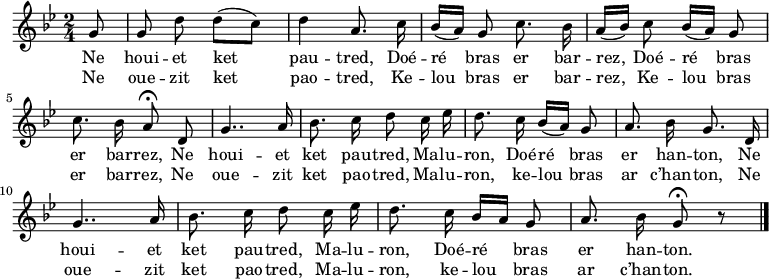 
\relative c'{
    \clef treble
    \key bes \major
    \autoBeamOff
    \time 2/4 
    \partial 8*1
    g'8 g d' d[( c]) | d4 a8. c16 | bes([ a]) g8 c8. bes16 | a([ bes]) c8 bes16([ a]) g8 | \break
    c8. bes16 a8\fermata  d, | g4.. a16 | bes8. c16 d8 c16 ees | d8. c16 bes([ a]) g8 | a8. bes16 g8. d16 | \break
    g4.. a16 | bes8. c16 d8 c16 ees | d8. c16 bes[ a] g8 | a8. bes16 g8\fermata  r \bar "|." 
}
\addlyrics {
Ne houi -- et ket pau -- tred, Doé -- ré bras er bar -- rez, Doé -- ré bras
er bar -- rez, Ne houi -- et ket pau -- tred, Ma -- lu -- ron, Doé -- ré bras er han -- ton, Ne
houi -- et ket pau -- tred, Ma -- lu -- ron, Doé -- ré bras er han -- ton.
}
\addlyrics {
Ne oue -- zit ket pao -- tred, Ke -- lou bras er bar -- rez, Ke -- lou bras
er bar -- rez, Ne oue -- zit ket pao -- tred, Ma -- lu -- ron, ke -- lou bras ar c’han -- ton, Ne
oue -- zit ket pao -- tred, Ma -- lu -- ron, ke -- lou bras ar c’han -- ton.
}
