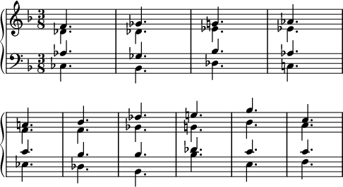 
\language "italiano"
upper = \relative do' {
  \clef treble
  \key fa \major
  \time 3/8
  << { fa4. | solb | sol! | lab } \\ { reb,4. | reb | mib | mib } >> | \break
  \override Score.Clef.break-visibility = ##(#f #f #f)
  \override Score.KeySignature.break-visibility = ##(#f #f #f)
  << { la! | sib | reb | mi! | sol | do, } \\ { fa, | fa | solb | sol! | sib | la } >> | 
}
lower = \relative do {
  \clef bass
  \key fa \major
  \time 3/8
  << { lab'4. | solb | sib | lab } \\ { dob,4. | sib | reb | do! } >> | \break
  \override Score.Clef.break-visibility = ##(#f #f #f)
  \override Score.KeySignature.break-visibility = ##(#f #f #f)
  << { do' | sib | sib | reb | do | do } \\ { mib, | reb | sib | sib' | mi, | fa } >> | 
}
\score {
  <<
    \new PianoStaff <<
      \new Staff = "upper" \upper
      \new Staff = "lower" \lower
    >>
  >>
  \layout {
    \context { \Staff \RemoveEmptyStaves }
    indent = 0\cm
    \override Score.BarNumber #'stencil = ##f
    line-width = #120
  }
  \midi { }
}
\header { tagline = ##f}
