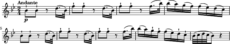 \relative c'' {  \version "2.18.2"  \tempo "Andante"  \key bes \major  \time 2/4  \tempo 4 = 50  bes8-!\p bes8-! r8 d16. (bes32)  f'8-!  f-! r8 d16. (bes32)  f'8-!  f-! r8 f16. (bes32)  bes16 (a) g (f) f (ees) d (c)  bes8-! bes8-! r8 d16. (bes32)  f'8-!  f-! r8 d16. (bes32)  f'8-!  f-! r8 f16. (bes32)  bes16 (a) g-! f-! f (ees) d-! c-!  bes32 (c d c bes8) r4}