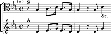  \new ChoirStaff << \override Score.Rest #'style = #'classical
  \new Staff \relative g { \clef tenor \key ees \major \time 4/4 \mark \markup \tiny { ( \italic e ) }
    r4^\markup \bold "S" g aes8. c16 aes8. g16 |
    g4 r8 g c4_"&c." }
  \new Staff \relative d' { \key ees \major
    r4^\markup \bold "A" d ees8. g16 ees8. d16 |
    d4 r8 d g4 } >>