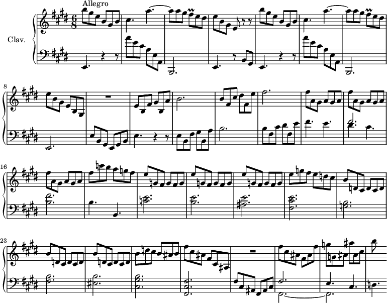 
\version "2.18.2"
\header {
 tagline = ##f
}

%% les petites notes
trillFisq = { \tag #'print { fis8\prall } \tag #'midi { \times 2/3 { fis16 gis fis } } }


upper = \relative c'' {
 \clef treble 
 \key e \major
 \time 6/8
 \tempo 4. = 120
 \set Staff.midiInstrument = #"harpsichord"

 b'8^\markup{Allegro} gis e b gis b | cis4. a'~ | a8 a gis \trillFisq e8 dis | e b gis e r8 r8 | 
 % ms. 5
 b''8 gis e b gis b | cis4. a'~ | a8 a gis \trillFisq e8 dis | e b gis e b gis | R2. | 
 % ms. 10
 e'8 b fis' gis b, a' | b2. | b8 fis cis' dis fis, e' | fis2. | \repeat unfold 3 { fis8 a, gis a gis a } | 
 % ms. 17
 fis'8 c' b a g fis | \repeat unfold 3 { e8 g, fis g fis g } | e'8 g fis e d cis | \repeat unfold 3 { b d, cis d cis d } |
 % ms. 25
 b'8 d cis b ais b | fis' cis ais fis cis ais | R2. | fis''8 cis ais fis ais fis' | g g, ais ais' ais, cis | b'
}

lower = \relative c {
 \clef bass
 \key e \major
 \time 6/8
 \omit Staff.TimeSignature
 \set Staff.midiInstrument = #"harpsichord"

 % **************************************
 e,4. r4 r8 | a''8 e cis a e a, | b,2. | e4. r8 b'8 gis | e4. r4 r8 | a''8 e cis a e a, | b,2. | e2. | e'8 b gis e gis b | 
 % ms. 10
 e4. r4 r8 | e8 b fis' gis b, a' | b2. | b8 fis cis' dis fis, e' | fis4. e | 
 % ms. 15
 << { fis2. } \\ { dis4. cis } >> < b fis' >2. | b4. b, | < c' e >2. < b e > < ais e' > < fis cis' e > < g b > < fis b > < eis b' >
 % ms. 25
 < cis gis' b >2. < fis, cis' fis > fis'8 cis ais fis ais cis << { fis2. e4. cis } \\ { fis,2.~ fis2. } >> | d'4.

}

thePianoStaff = \new PianoStaff <<
 \set PianoStaff.instrumentName = #"Clav."
 \new Staff = "upper" \upper
 \new Staff = "lower" \lower
 >>

\score {
 \keepWithTag #'print \thePianoStaff
 \layout {
 #(layout-set-staff-size 17)
 \context {
 \Score
 \override SpacingSpanner.common-shortest-duration = #(ly:make-moment 1/2)
 \remove "Metronome_mark_engraver"
 }
 }
}

\score {
 \keepWithTag #'midi \thePianoStaff
 \midi { }
}
