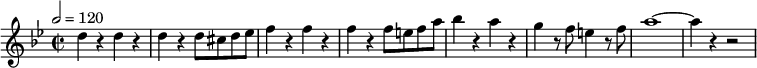 
\ relatív c '' {\ set Staff.midiInstrument = #"fuvola" \ tempo 2 = 120 \ kulcs bes \ major \ time 2/2 d4 r4 d4 r4 |  d4 r4 d8 cis d es |  f4 r4 f4 r4 |  f4 r4 f8 efa |  bes4 r4 a4 r4 |  g r8 f8 e4 r8 f8 |  a1 ~ a4 r4 r2}
