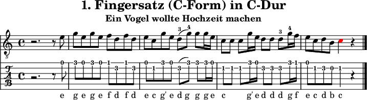
\version "2.20.0"
\header {
  title="1. Fingersatz (C-Form) in C-Dur"
  subtitle="Ein Vogel wollte Hochzeit machen"
}
%% Diskant- bzw. Melodiesaiten
Diskant = \relative c' {
%  \set TabStaff.minimumFret = #2
%  \set TabStaff.restrainOpenStrings = ##t
  
  \key c \major
  r2. r8 e8 |
  g8 e g e  f d f d |
  e c g' e  d-3( g-4) g g16 e |
  c8 8 8 g'16 e  d8 d d-3 g16-4 f |
  e8 c d b   \once \override NoteHead #'color = #red c4 r4
  \bar "|."
}

%% Layout- bzw. Bildausgabe
\score {
  <<
    \new Voice  { 
      \clef "treble_8" 
      \time 4/4  
      \tempo 4 = 120 
      \set Score.tempoHideNote = ##t
      \Diskant \addlyrics {
  e8 |
  g8 e g e  f d f d |
  e c g' e  d_g g g16 e |
  c8 8 8 g'16 e  d8 d d g16 f |
  e8 c d b c
      }
    }
    \new TabStaff { \tabFullNotation \Diskant }
  >>
  \layout {}
}

%% Midiausgabe mit Wiederholungen, ohne Akkorde
\score {
  <<
    \unfoldRepeats {
      \new Staff  <<
        \tempo 4 = 120
        \time 4/4
        \set Staff.midiInstrument = #"acoustic guitar (nylon)"
        \clef "G_8"
        \Diskant
      >>
    }
  >>
  \midi {}
}
%% unterdrückt im raw="!"-Modus das DinA4-Format.
\paper {
  indent=0\mm
  %% DinA4 = 210mm - 10mm Rand - 20mm Lochrand = 180mm
  line-width=180\mm
  oddFooterMarkup=##f
  oddHeaderMarkup=##f
  % bookTitleMarkup=##f
  scoreTitleMarkup=##f
}
