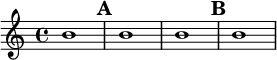  \relative c'' {
 \set Score.markFormatter = #format-mark-box-numbers
 b1 \mark \default
 b1
 b1 \mark \default
 b1
}
