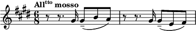 
\language "italiano"

\layout {
  indent = 0 \mm
  short-indent = 0 \mm
  line-width = 12.5 \cm
}

\relative do'' {
  \key mi \major
  \clef treble
  \time 6/8
  \tempo \markup{\concat{All \super{tto}} "mosso"}
  r8 r8. sold16 sold8_-( si la) | r8 r8. sold16 sold8_-( mi fad) |
}
