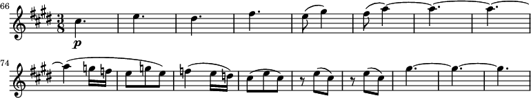 
\relative c'' {
 \key e \major
 \time 3/8
 \clef treble
 \tempo 8 = 96
 \set Score.tempoHideNote = ##t
 \set Staff.midiInstrument = "oboe"
 \set Score.currentBarNumber = #66
 \bar ""
 cis4. _\p e dis fis e8( gis4) fis8( a4)~ _\< a4.~ a~ _\> \break
 a4( g16 f e8 g e) f4( e16 d16) cis8( e cis) r e( cis) r e( cis) gis'4.~ gis~ gis~
}
