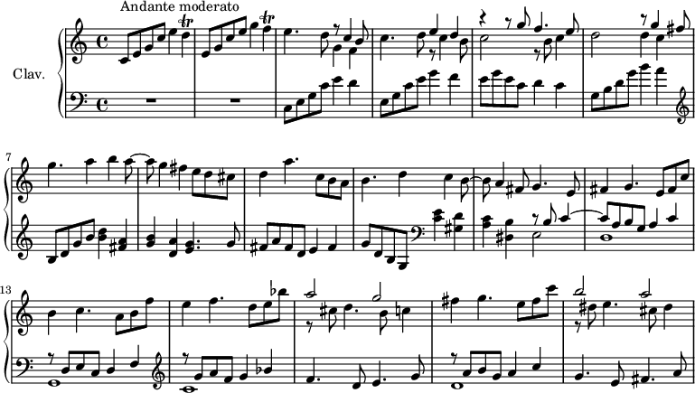 
\version "2.18.2"
\header {
  tagline = ##f
  % composer = "Domenico Scarlatti"
  % opus = "K. 86"
  % meter = "Andante moderato"
}

%% les petites notes
trillD      = { \tag #'print { d4\trill } \tag #'midi { e64 d e d~ d16~ d8 } }
trillF      = { \tag #'print { f4\trill } \tag #'midi { g64 f g f~ f16~ f8 } }

upper = \relative c'' {
  \clef treble 
  \key c \major
  \time 4/4
  \tempo 4 = 60
  \set Staff.midiInstrument = #"harpsichord"
  \override TupletBracket.bracket-visibility = ##f

      s8*0^\markup{Andante moderato}
      c,8 e g c e4 \trillD | e,8 g c e g4 \trillF | e4. d8 << { r8 c4 b8 } \\ { g4 f } >>
      % ms. 4
      c'4. d8 << { e4 d | r4 r8 g8 f4. e8 | s2 r8 g4 fis8 } \\ { r8 c4 b8 | c2 r8 b8 c4 | d2 d4 c } >> g'4. a4 b a8~ |
      % ms. 8
      a8 g4 fis e8 d cis | d4 a'4. c,8 b a | b4. d4 c b8~ | b a4 fis8 g4. e8 |
      % ms. 12
      fis4 g4. e8 fis c' | b4 c4. a8 b f' | e4 f4. d8 e bes' | << { a2 g } \\ { r8 cis,8 d4. b8 c4 } >>
      % ms. 16
      fis4 g4. e8 fis c' | << { b2 a } \\ { r8 dis,8 e4. cis8 dis4 } >> | % gis4

}

lower = \relative c' {
  \clef bass
  \key c \major
  \time 4/4
  \set Staff.midiInstrument = #"harpsichord"
  \override TupletBracket.bracket-visibility = ##f

    % ************************************** \appoggiatura a16  \repeat unfold 2 {  } \times 2/3 { }   \omit TupletNumber 
      R1*2 | c,8 e g c e4 d4 |
      % ms. 4
      e,8 g c e g4 f4 | e8 g e c d4 c | g8 b d g b4 a |   \clef treble  b,8 d g b < b d >4 < fis a > |
      % ms. 8
      < g b >4 < d a' > < e g >4. g8 | fis a fis d e4 fis | g8 d b g   \clef bass < c e >4 < gis d' > | < a c > < dis, b' > << { r8 b'8 c4~ | c8 a b g a4 c } \\ { e,2 | d1 } >>
      % ms. 13
      << { r8 d8 e c d4 f } \\ { g,1 } >>  | \clef treble << { r8 g''8 a f g4 bes } \\ { c,1 } >> | f4. d8 e4. g8 |
      % ms. 16
      << { r8 a8 b g a4 c } \\ { d,1 } >>  | g4. e8 fis4. a8 | 

}

thePianoStaff = \new PianoStaff <<
    \set PianoStaff.instrumentName = #"Clav."
    \new Staff = "upper" \upper
    \new Staff = "lower" \lower
  >>

\score {
  \keepWithTag #'print \thePianoStaff
  \layout {
      #(layout-set-staff-size 17)
    \context {
      \Score
     \override SpacingSpanner.common-shortest-duration = #(ly:make-moment 1/2)
      \remove "Metronome_mark_engraver"
    }
  }
}

\score {
  \keepWithTag #'midi \thePianoStaff
  \midi { }
}
